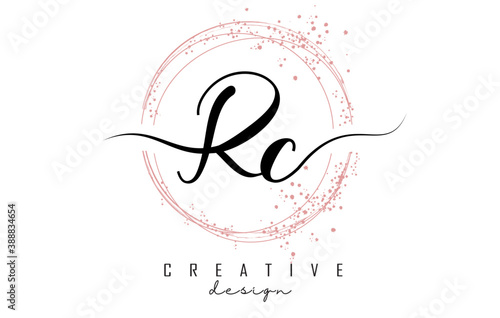 Handwritten Rc R c letter logo with sparkling circles with pink glitter.