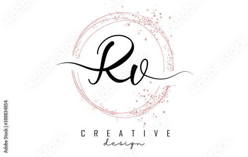 Handwritten RV R V letter logo with sparkling circles with pink glitter.