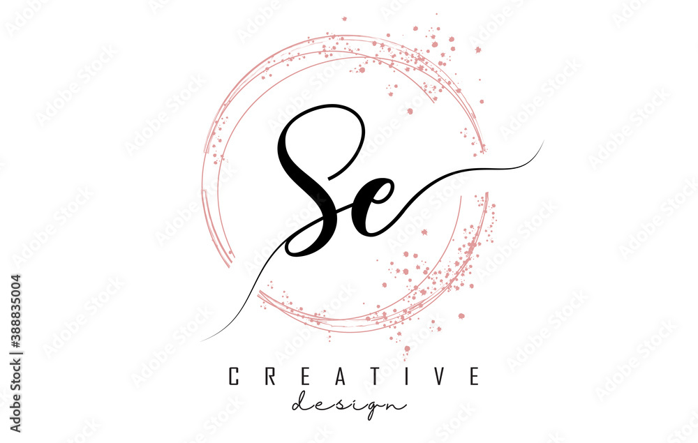Handwritten SE S E letter logo with sparkling circles with pink glitter. Handwritten SE S E letter logo with sparkling circles with pink glitter.