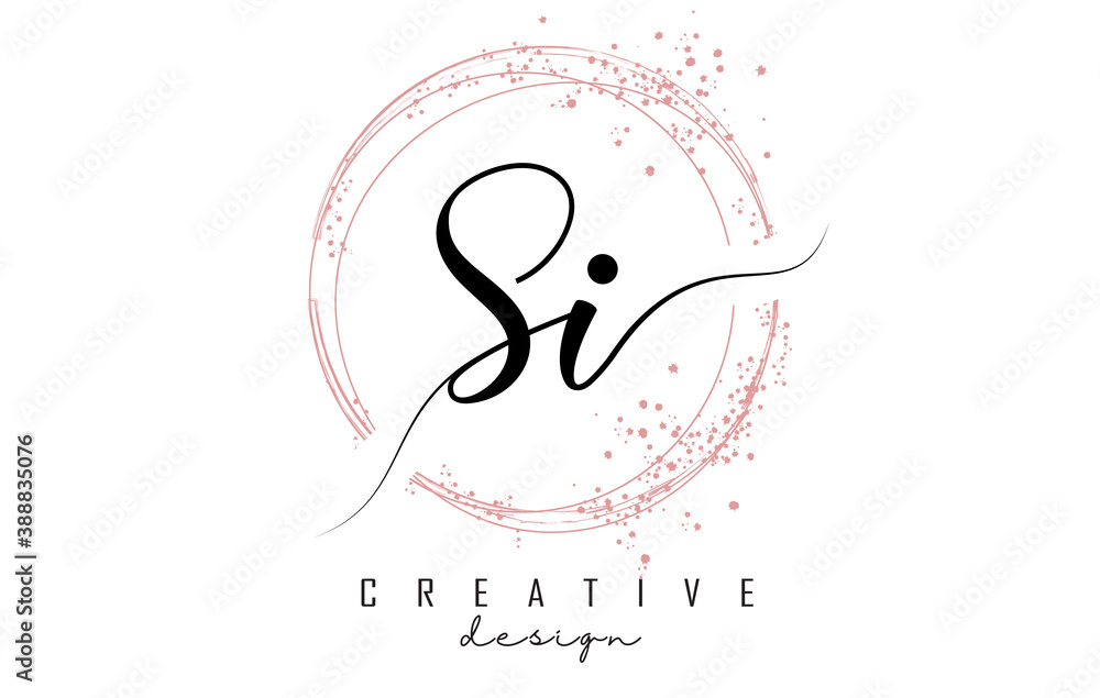 Handwritten Si S i letter logo with sparkling circles with pink glitter. Handwritten Si S i letter logo with sparkling circles with pink glitter.
