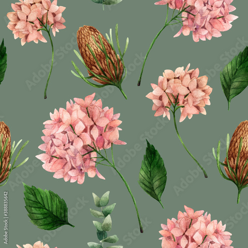 Pattern with exotic flowers in watercolor