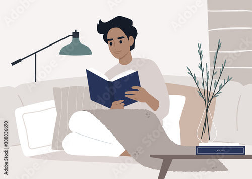 Lockdown home activities, a male character reading a book in a cozy interior, good habits