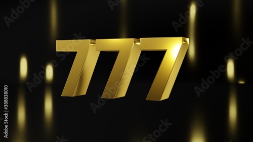 Number 777 in gold on black and gold background, isolated number 3d render