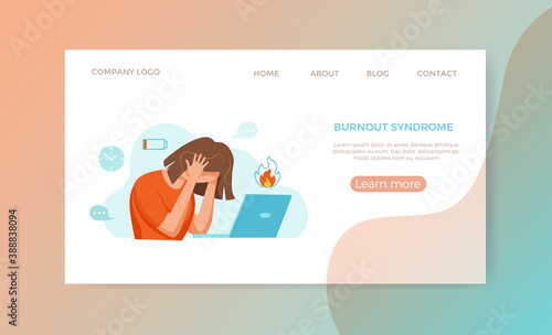 Professional burnout syndrome exhausted woman tired sitting at her workplace in office holding her head 