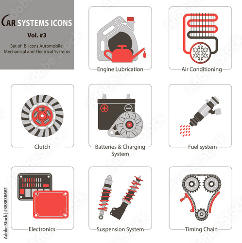 Set of 8 car parts icons. Flat vector drawings on white background.