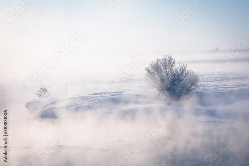 Fabulous winter landscape on the river. Fog. Bright winter sunny day. Winter in Russia  Altay. Christmas card  new Year.