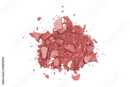A broken Pink eye shadow isolated on white background. Eye shadow glitter shimmer top view. Makeup cosmetics.
