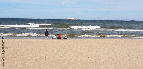 Obraz na płótnie Czwórka dzieci nad brzegem morza odwrócona tyłem bawi sie w wodzie