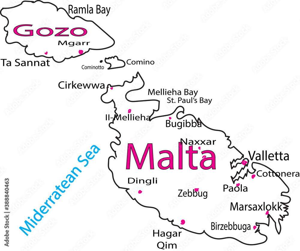 The islands of Malta and Gozo  depicting illustratively.  A number of cities and bays are also indicated.