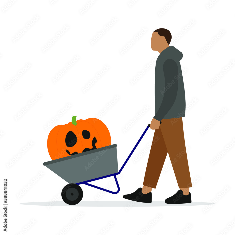 Male character carrying a pumpkin with a scary face in a wheelbarrow Male character carrying a pumpkin with a scary face in a wheelbarrow