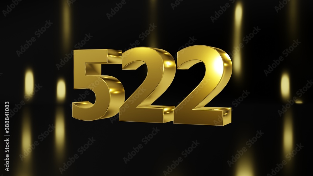 Number 522 in gold on black and gold background, isolated number 3d render Number 522 in gold on black and gold background, isolated number 3d render