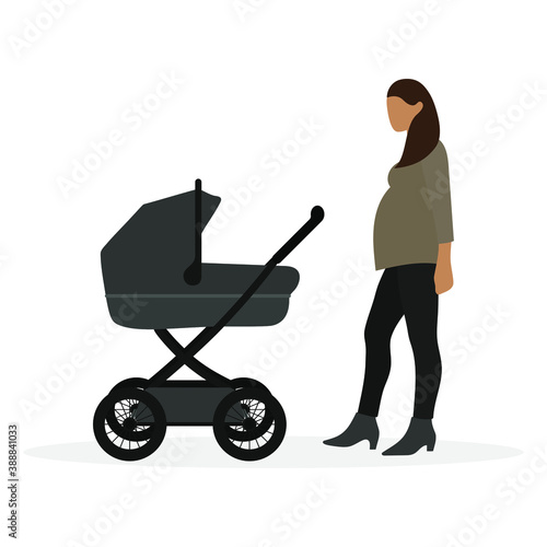 Pregnant female character next to baby stroller on white background