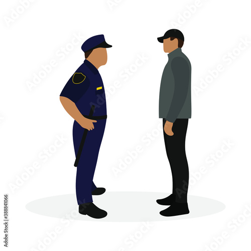Policeman in uniform and male character together on white background