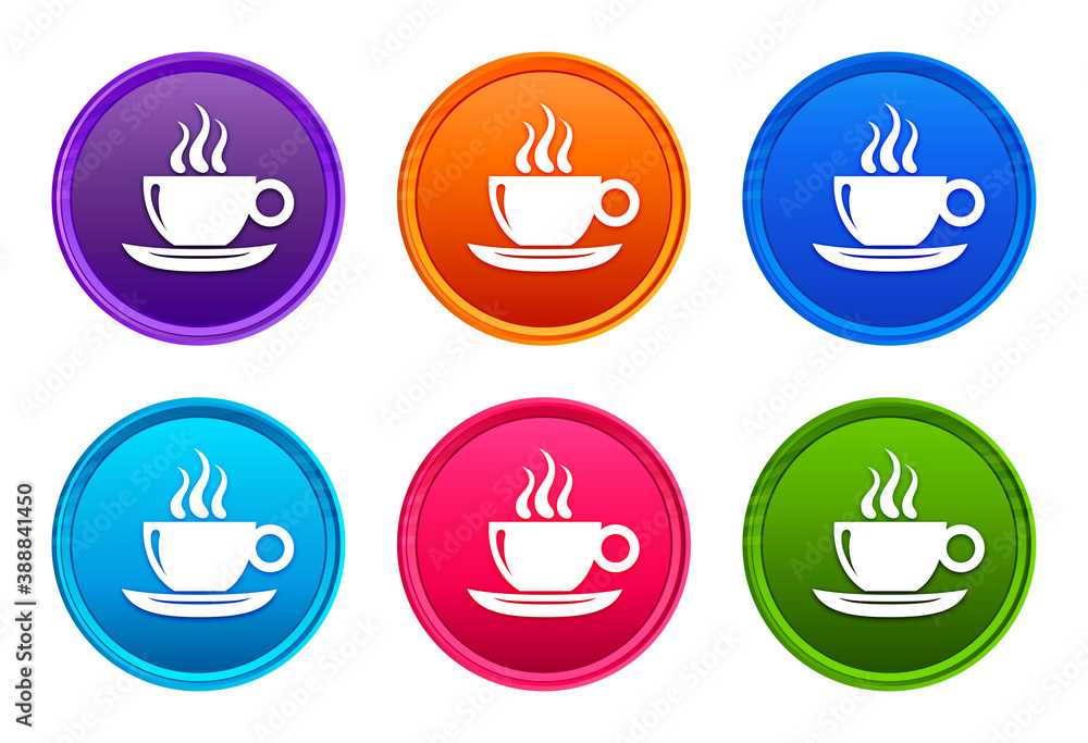 Coffee cup icon luxury bright round button set 6 color vector