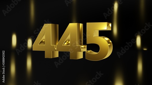 Number 445 in gold on black and gold background, isolated number 3d render