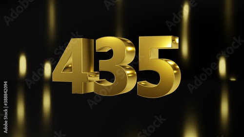 Number 435 in gold on black and gold background, isolated number 3d render