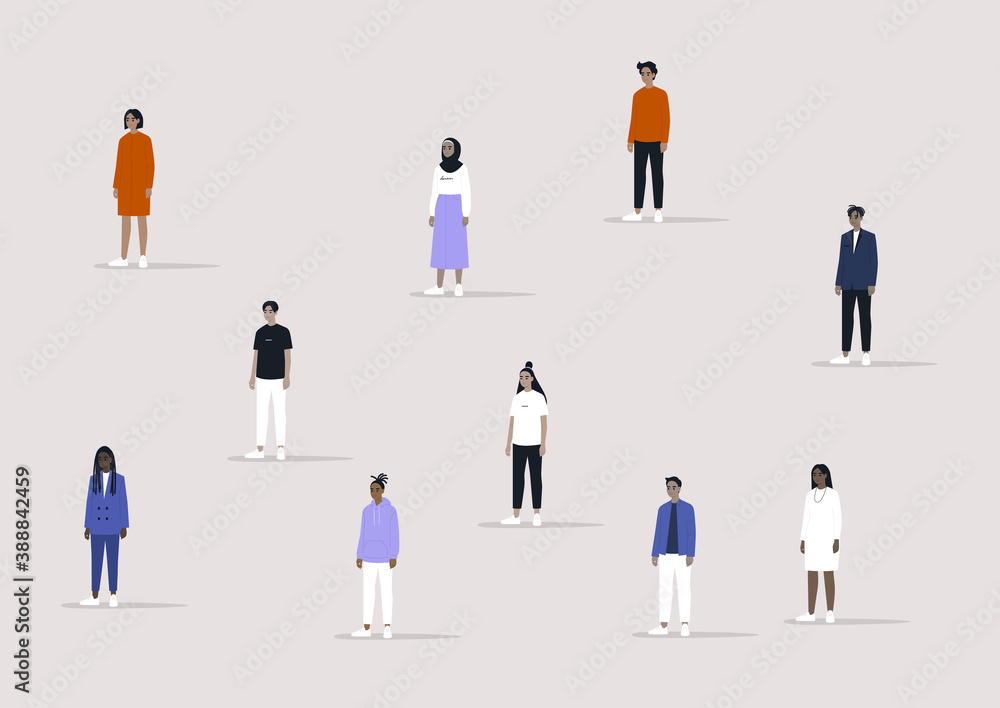 Fototapeta premium A scattered group of diverse characters, social distancing concept, coronavirus isolation