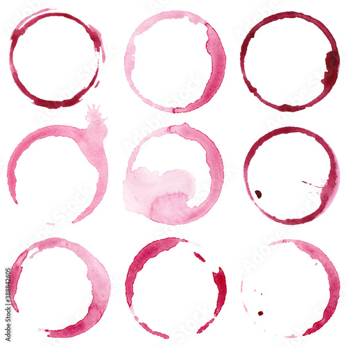 Watercolor red wine stains set on paper isolated on white background