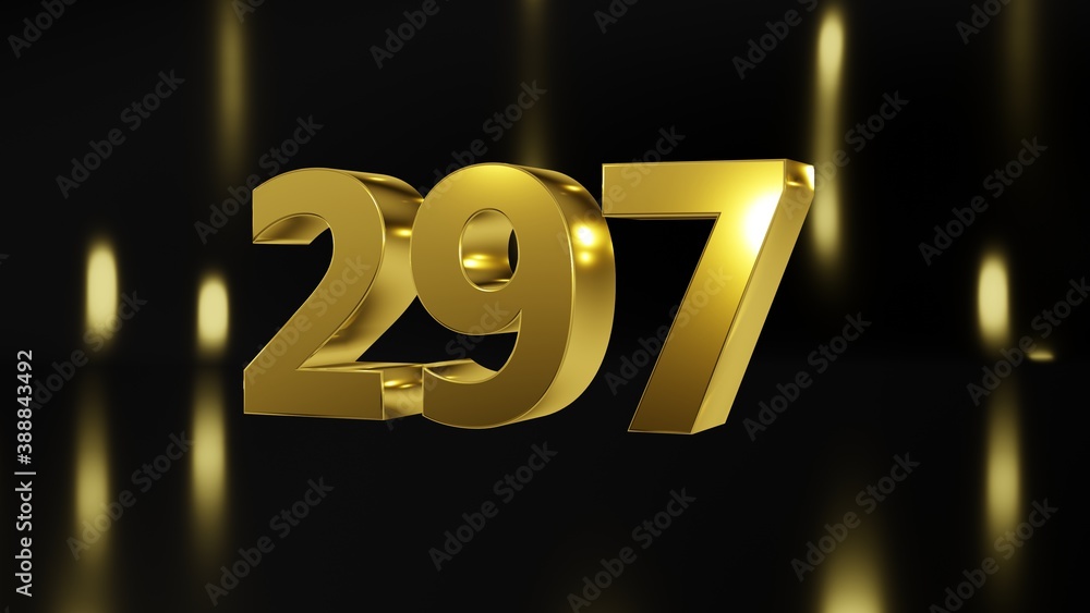 Number 297 in gold on black and gold background, isolated number 3d render