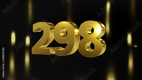Number 298 in gold on black and gold background, isolated number 3d render