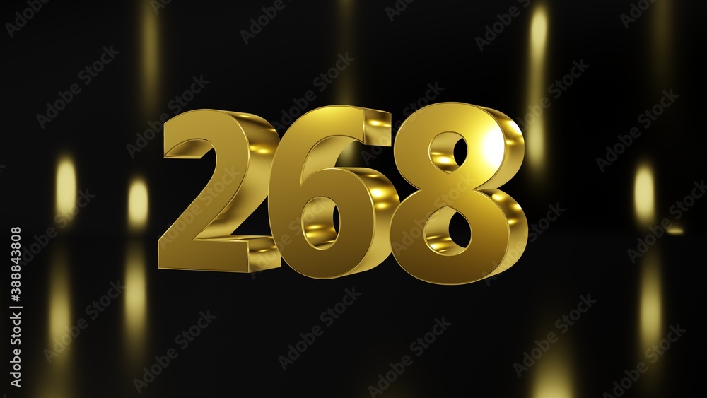 Number 268 in gold on black and gold background, isolated number 3d render