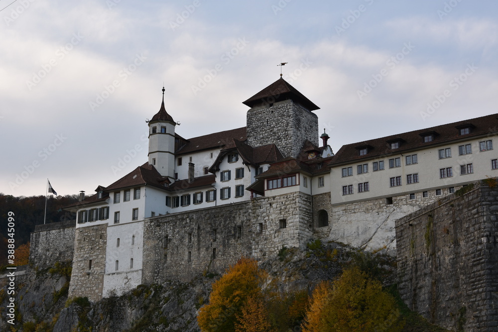 Aarburg /Switzerland - 10 25 2020: Castle Aarburg in lateral view in autumn with overcast sky. It used to serve as fortification above river Arae.