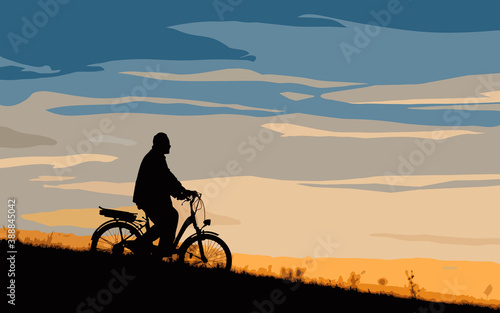 Male cyclist on the e-bike or electric bicycle on the sunset background slides down the hill. Silhouette of the old man in profile. Active pension. Travel. Sport. Vector illustration.