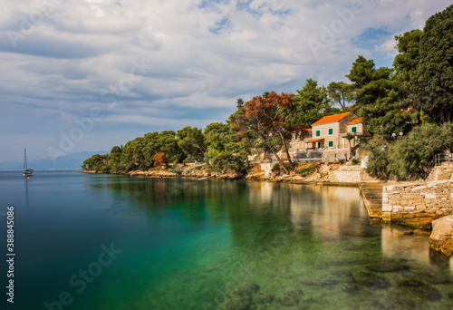 Idyllic turquoise beach in Splitska, village on Brac island, Croatia. Long exposure, august 2020