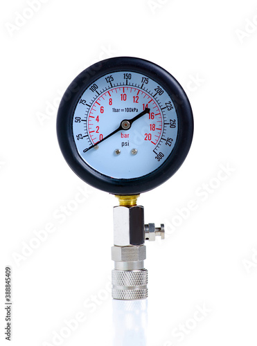 Auto compression pressure gauge on white background isolation