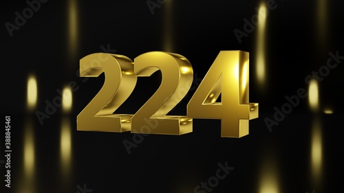 Number 224 in gold on black and gold background, isolated number 3d render