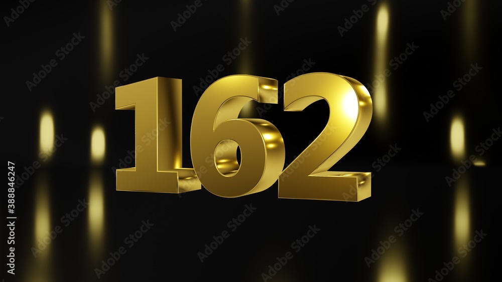 Number 162 in gold on black and gold background, isolated number 3d render Number 162 in gold on black and gold background, isolated number 3d render