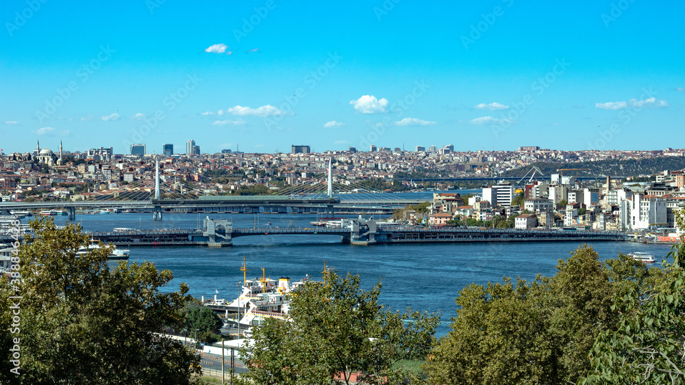 Topkapi Palace, Istanbul-September 27, 2020. View from the balcony of the Palace on the Golden horn Bay. Galata bridge and Ataturk bridge are visible in the distance.
