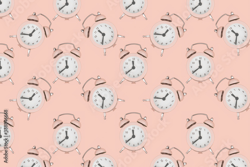 Background from alarm clocks. Antique alarm clocks. Pattern. Top view.
