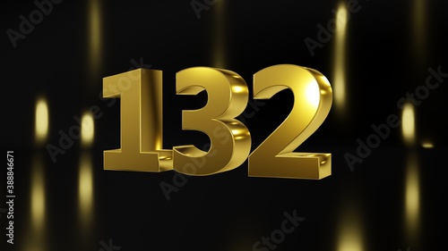 Number 132 in gold on black and gold background, isolated number 3d render