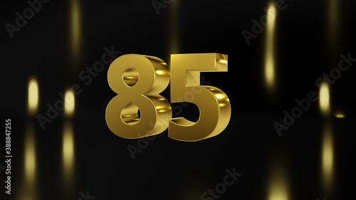 Number 85 in gold on black and gold background, isolated number 3d render