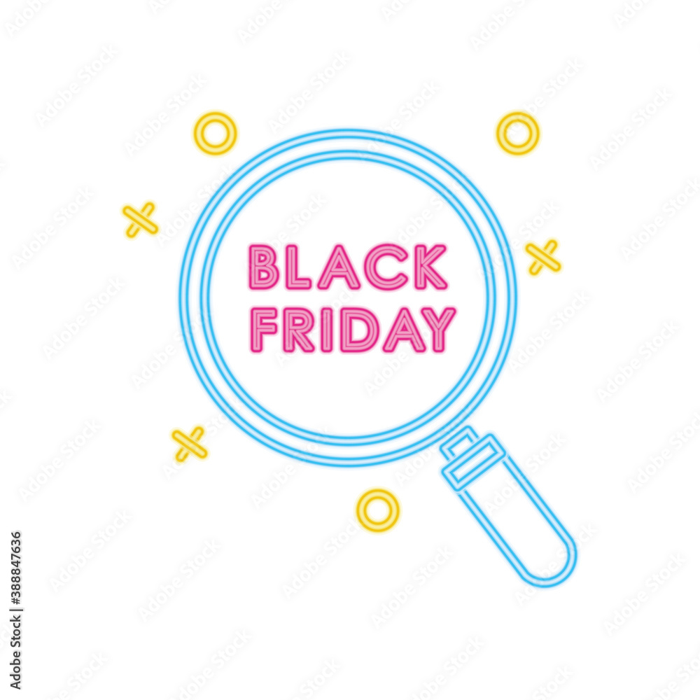 black friday design with magnifying glass icon, colorful neon design