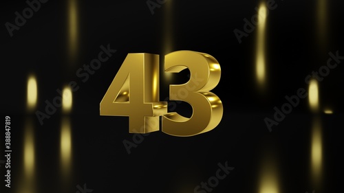 Number 43 in gold on black and gold background, isolated number 3d render
