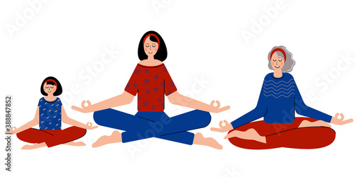 Daughter, mum and grandmother meditate together. Keep calm and meditate. Woman feel free and relaxed