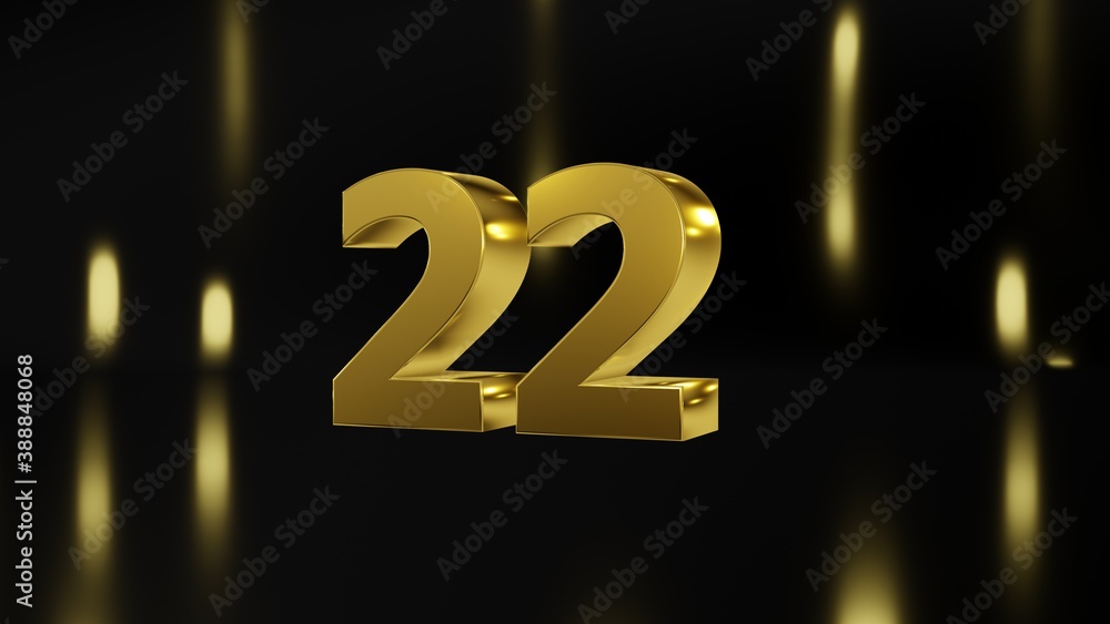Number 22 in gold on black and gold background, isolated number 3d render Number 22 in gold on black and gold background, isolated number 3d render