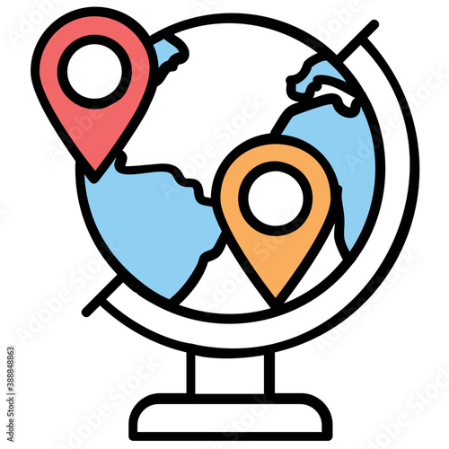 
A location pin over world map, global positioning system flat icon 
