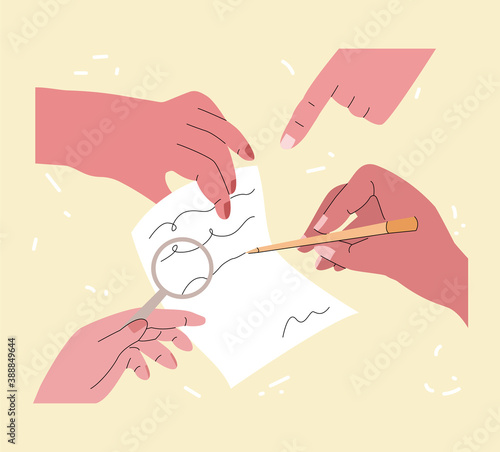 Vector abstract illustration with hands that sign and check document. The way of turnover documents, amendments, and revisions is shown. It can be used in web design, banners, etc.