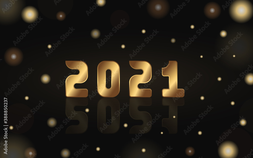 Vector golden numbers 2021 with reflection on the black background. Gold collection for winter decor.