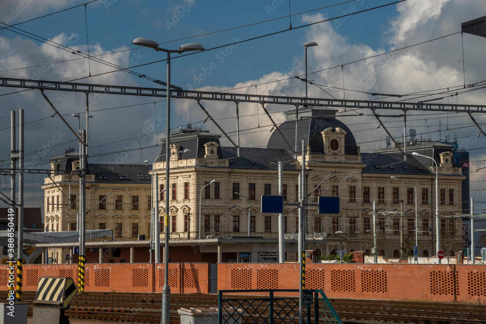 Plzen main station in autumn color sunny day