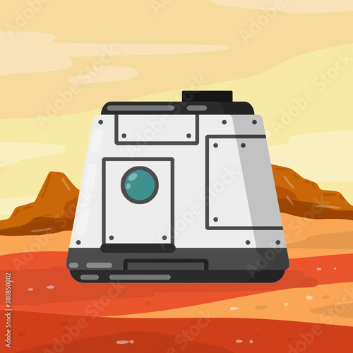 Marisan module of Spacecraft and living quarters. Future and science. Colony base of astronaut on Mars. Flat cartoon. Space flight and modern colonization technologies