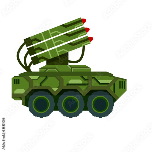 Rocket launcher. Military technology. Transport and special equipment. MLRS gun icon. Truck with weapons. Modern air defense system