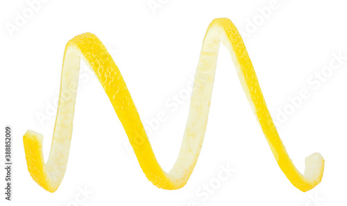 Fresh lemon peel isolated on a white background. Lemon twist. Lemon zest. Citron.