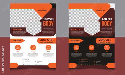 Creative and modern abstract a4 size fitness and gym flyer template with two image.