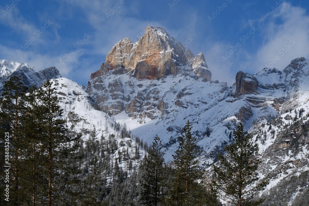 Croda Rossa d'Ampezzo (German Höhe Gaisl) in winter scenery. It is interesting mountain in northern Italy in the province of Belluno in the Dolomites.