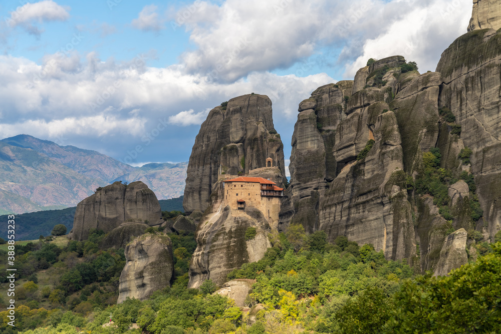 Monastery of Rousanou (St. Barbara) in the stunning Meteora a  rock formation in central Greece hosting one of the largest and most precipitously built complexes of Eastern Orthodox monasteries.