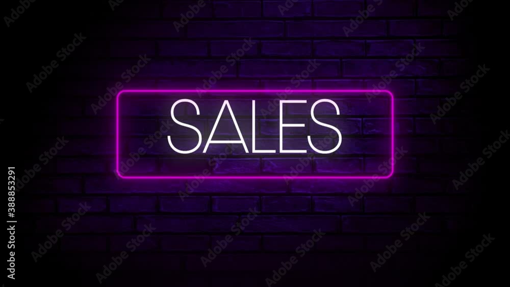 Digital animation of sales text in neon rectangle frame against blue brick wall in background Digital animation of sales text in neon rectangle frame against blue brick wall in background